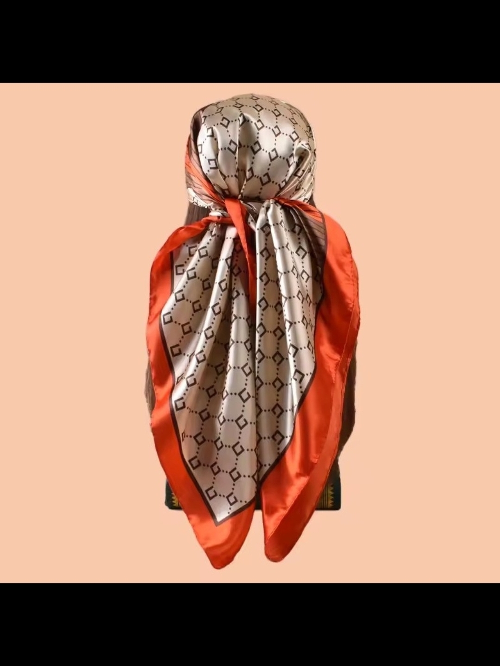 Silky Beige Geometric Print Headscarf with Bright Orange Border